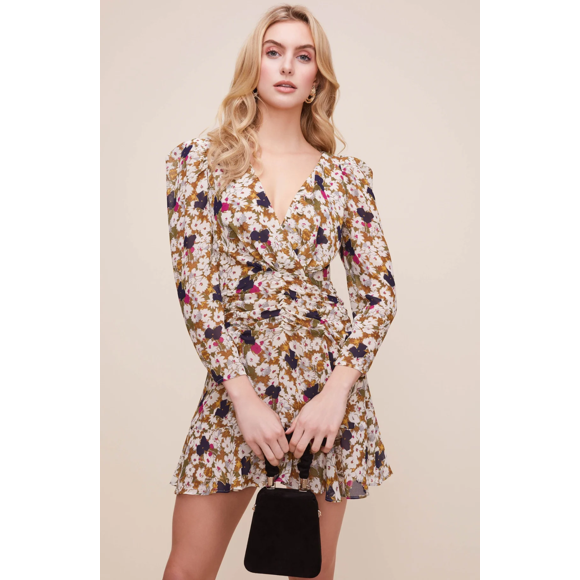 ASTR Floral Ruched Waist long sleeve Minidress In Olive Floral size XS