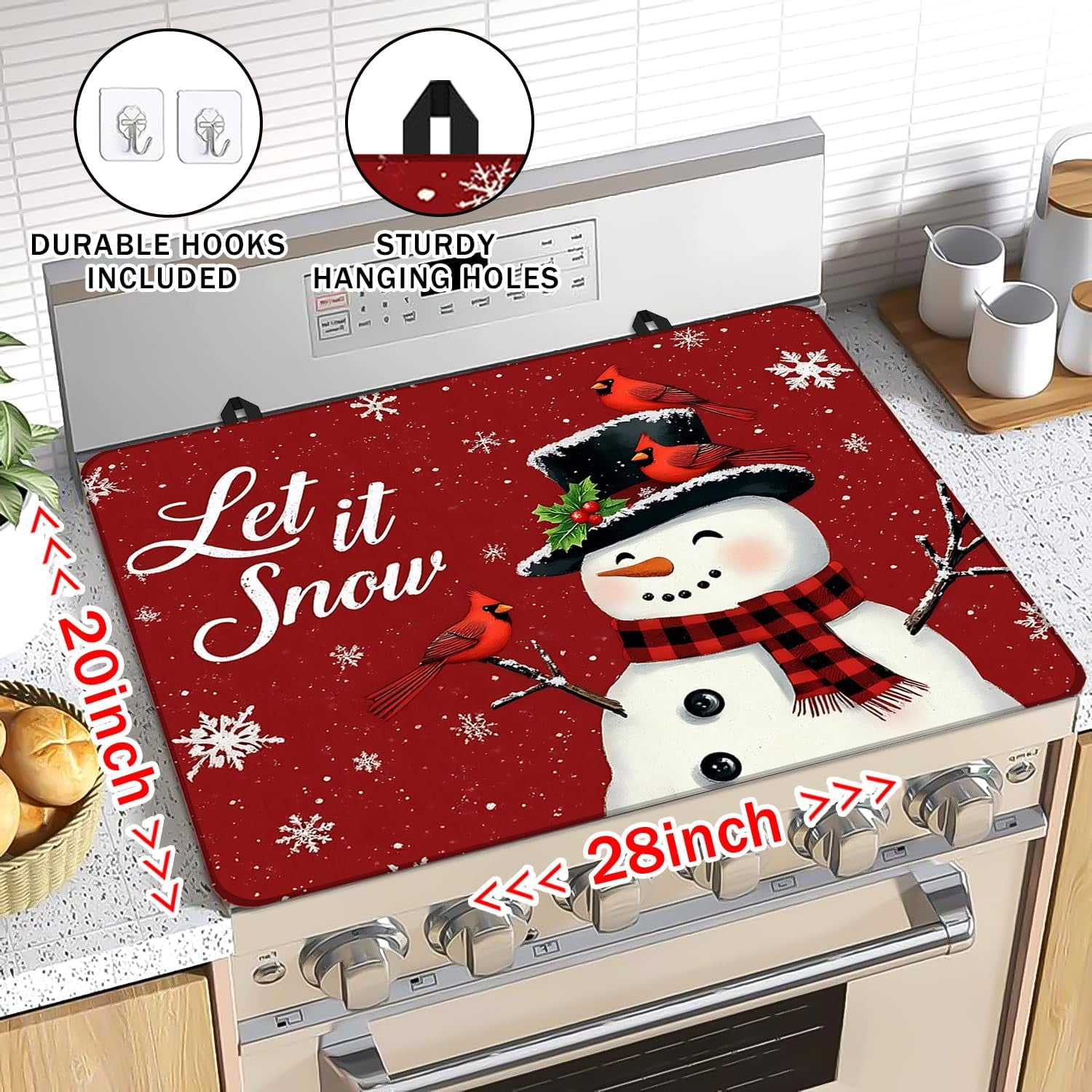 Christmas Snowmen Stove Cover Let It Snow Winter Stove Top Cover for Kitchen Decor Red Electric Stove Pad Xmas Party Non-Stick Gas Burners Covers Washable Countertop Protector Keep Stove Clean