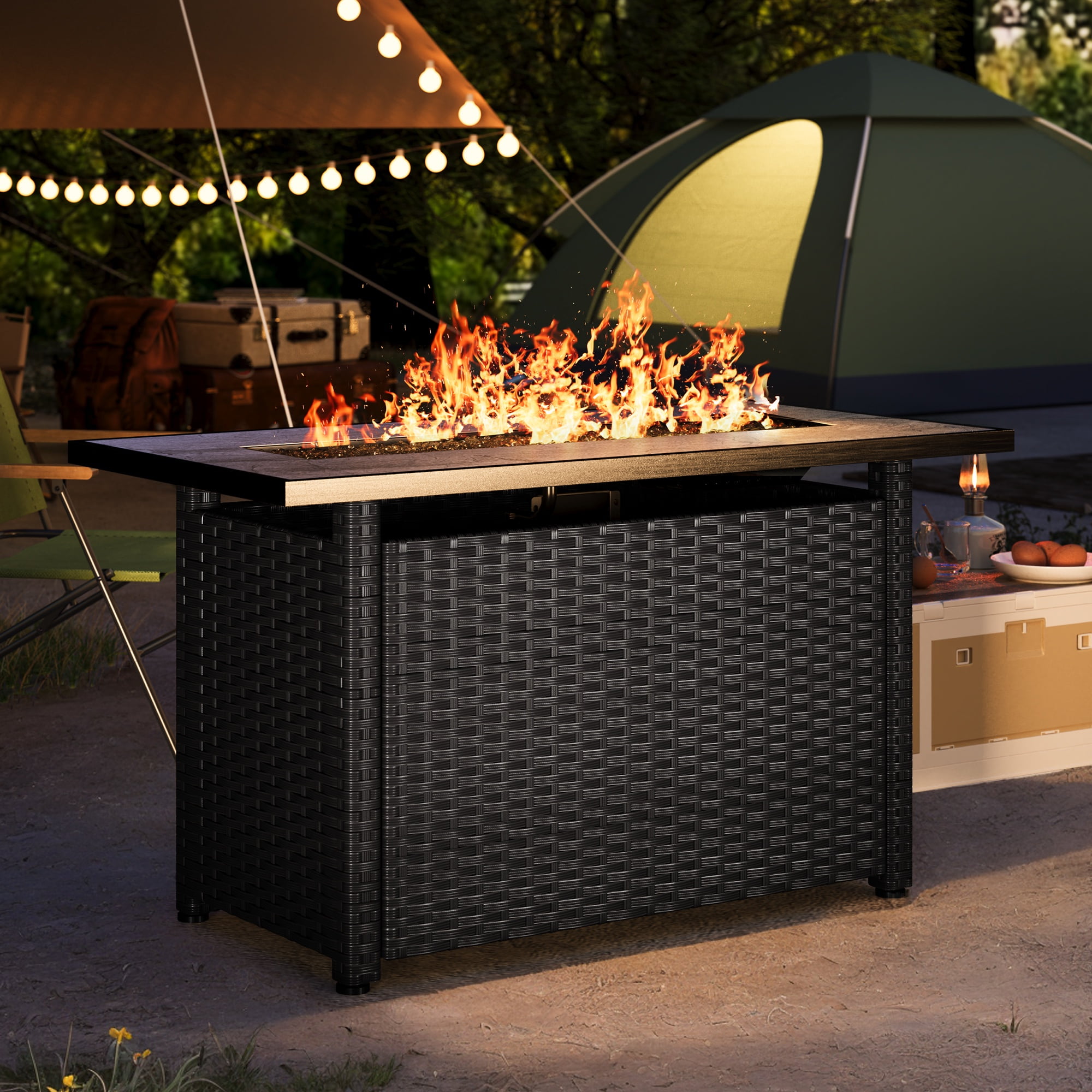 Outdoor Fire Pit Table with Waterproof Cover and Glass Rock, Lofka 45" Rattan 50000 BTU Gas Fire Pit with Lit for Outside, Black