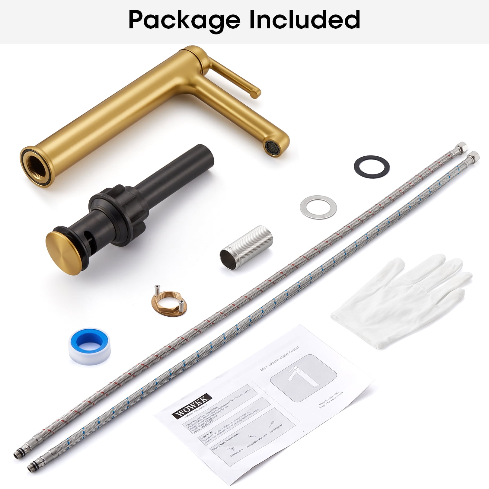Wowkk Brushed Gold Bathroom Faucets 9.84" High Spout Tall Basin Faucet, Single Handle Bathroom Sink Faucet with Pop Up Drain and Faucet Supply Lines