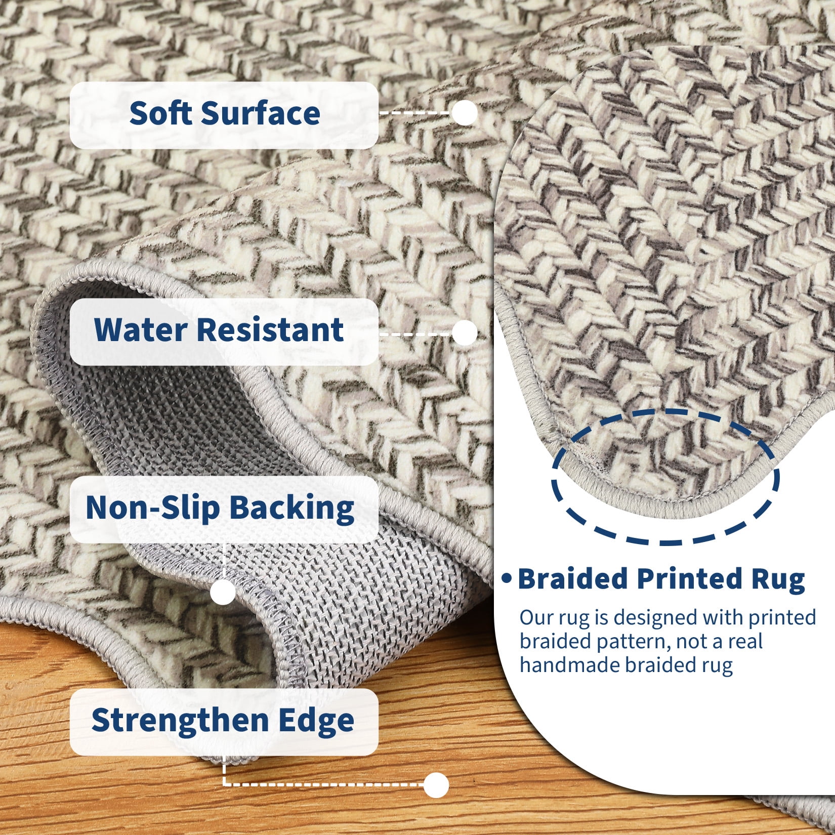 Garvee 10'x13' Scalloped Rug Farmhouse Braided Print Carpet, Washable Rug Soft Non Slip Low Pile Rug Indoor Neutral Carpet for Living Room Bedroom Dining Room, Beige Gray