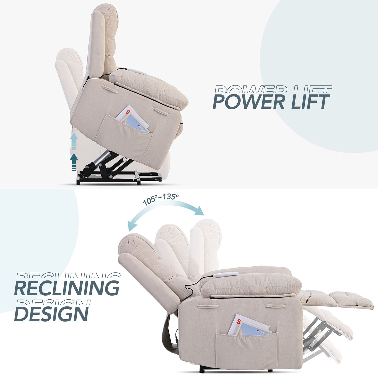 Kadyn Massage Recliner, Modern Power Lift Chair for Elderly, Linen Recliner Chair with Adjustable Massage, Heating Function and Side Pocket, Beige