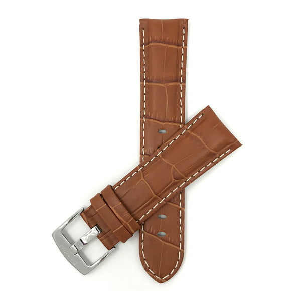 24mm Mens' Alligator Style Leather Watch Strap Band, White Stitching, Stainless Steel Buckle