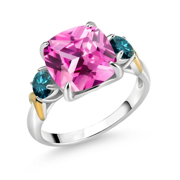 Gem Stone King 925 Silver and 10K Yellow Gold Pink Created Sapphire and Blue Diamond 3 Stone Ring for Women (5.34 Cttw, Gemstone September Birthstone, Cushion 10MM, Round 4MM, Size 7)