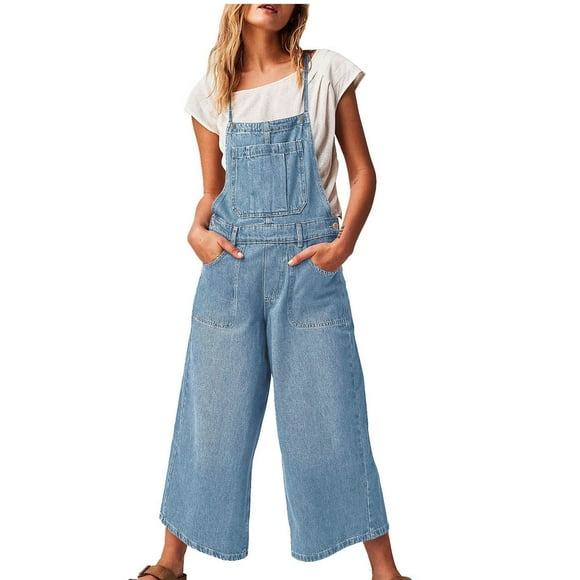 MeetoTime Women's Denim Overalls Casual Spaghetti Straps Adjustable Wide Leg Jeans Jumpsuit with Pockets