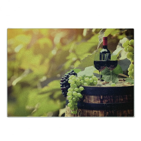 Wine Cutting Board, Agriculture Country Theme Natural Landscape Product Alcoholic Drink Fruit, Decorative Tempered Glass Cutting and Serving Board, Small Size, Pale Green Black Brown, by Ambesonne
