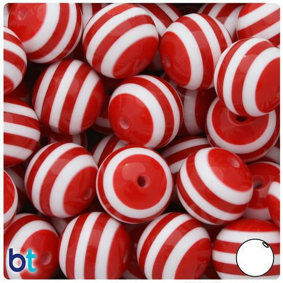 BeadTin Red & White Striped 20mm Round Resin Beads (10pcs)