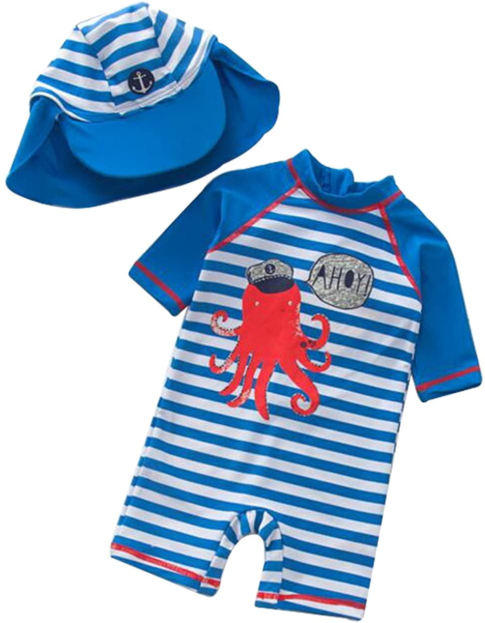 Baby Boy One Piece Long Sleeve Sunsuits Zipper Rash Guard Sun Protection with Swimming Hat 