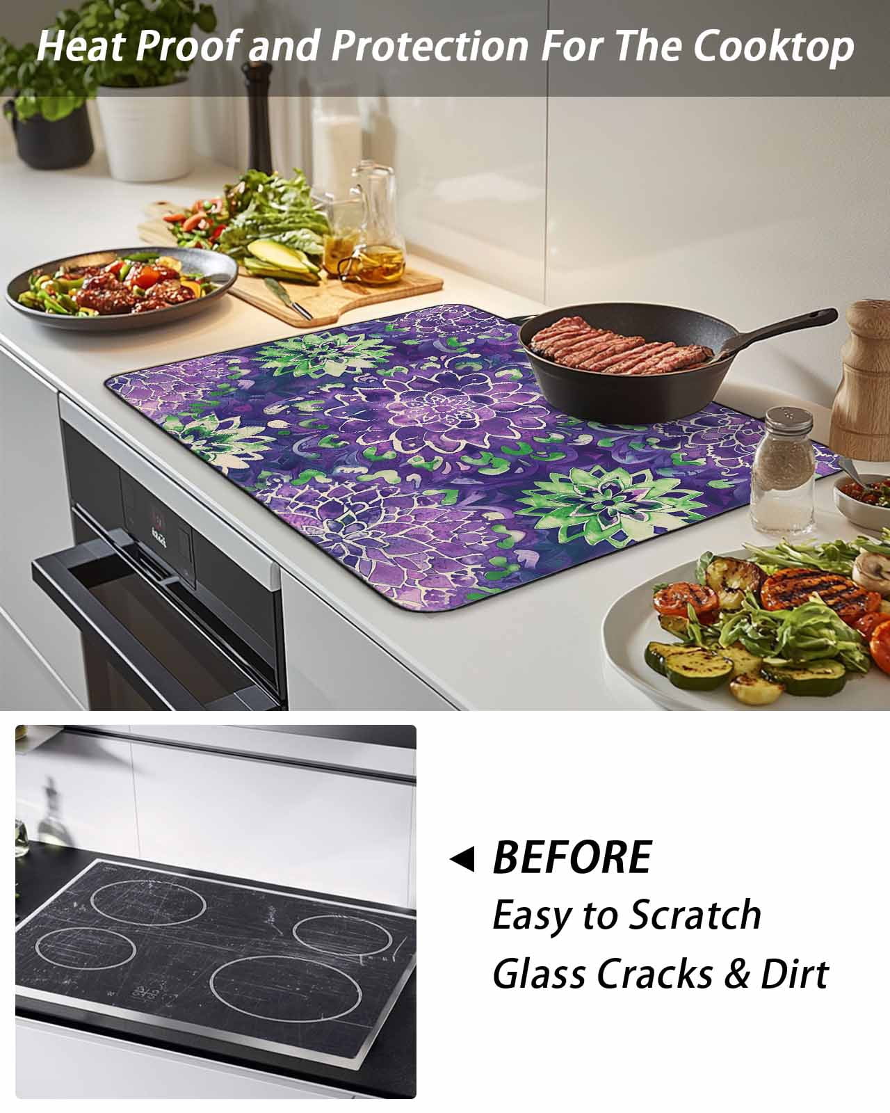 Stove Top Covers for Electric Stove, Purple Green Flowers Glass Stovetop Cover Protector, Watercolor Vintage Botanical Induction Cooktop Protector Oven Mat for Kitchen Countertop 24"x21"