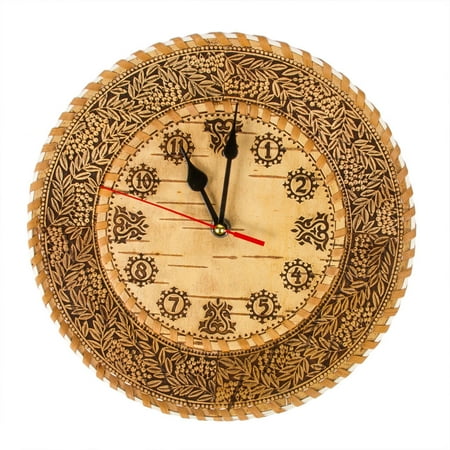 STP GOODS Rowan Birch Bark Wall Clock 10'' (25.5 cm) Handmade Analog Clock for Kitchen Home Office Bedroom Battery Operated Clock with Arabic Numbers Wooden Clock, Berry Pattern, Rustic Design