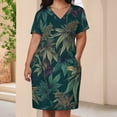thumbnail image 3 of Dark Teal Lush Tropical Foliage Pattern Women's Loose Short Sleeve Dress Casual Summer Plus Size Long Dresses with Pockets, 3 of 5