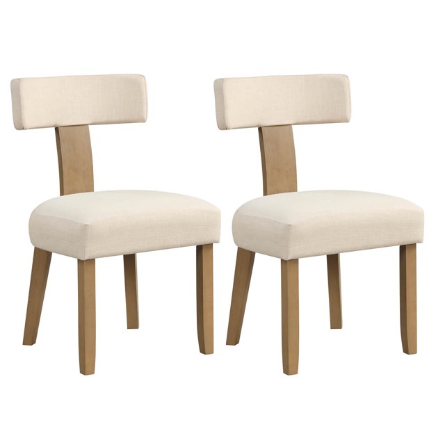 Costway Set of 2 Armless Dining Chairs with Curved Backrests & Padded Seat Cushions in beige. Each chair features a wide, padded backrest and a 6-inch thick seat cushion upholstered in soft, linen fabric. The natural rubber wood legs provide durability and support up to 396 lbs. The armless design allows for easy storage under tables, and non-slip foot pads protect floors. Suitable for dining rooms, kitchens, or restaurants.