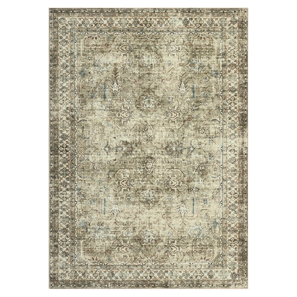 Machine Washable Area Rug 4x6 Ft - Vintage Floral Carpet - Non Slip Low Pile Floor Rug for Living Room Bedroom Dining Room Entryway Office - Soft Stain Resistant Easy Clean Accent Rug - Brown