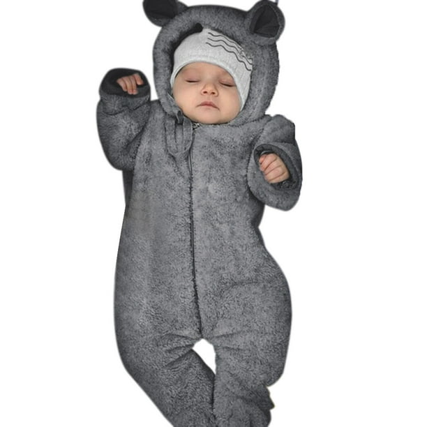 Lolmot Newborn Baby Boy Winter Fleece Jumpsuit Solid Hooded Romper Warm  Coat Outwear 