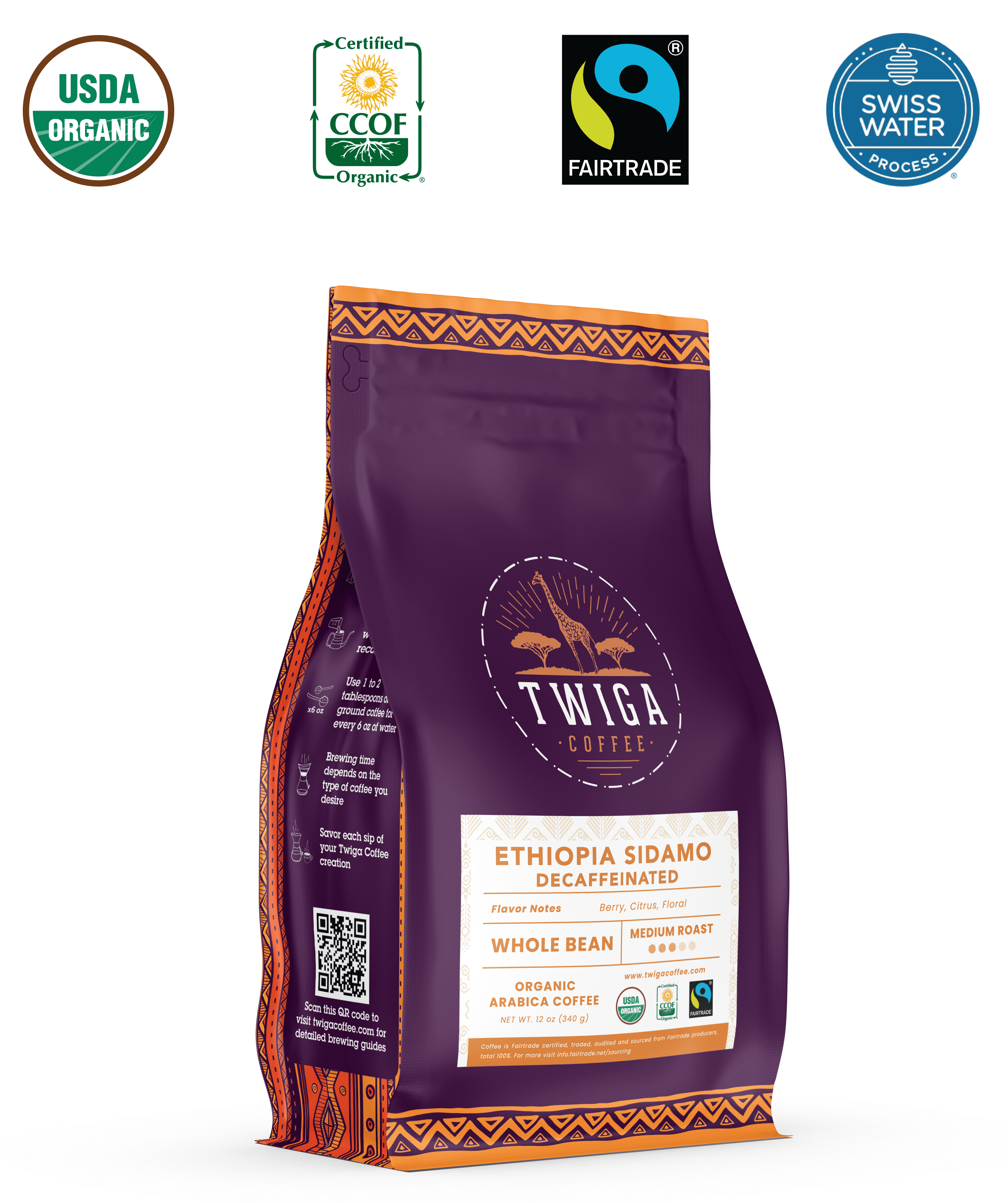 Decaffeinated Ethiopia Sidamo Coffee | USDA Organic | Fairtrade | Medium Roast | Whole Bean | 12 oz | Twiga Coffee