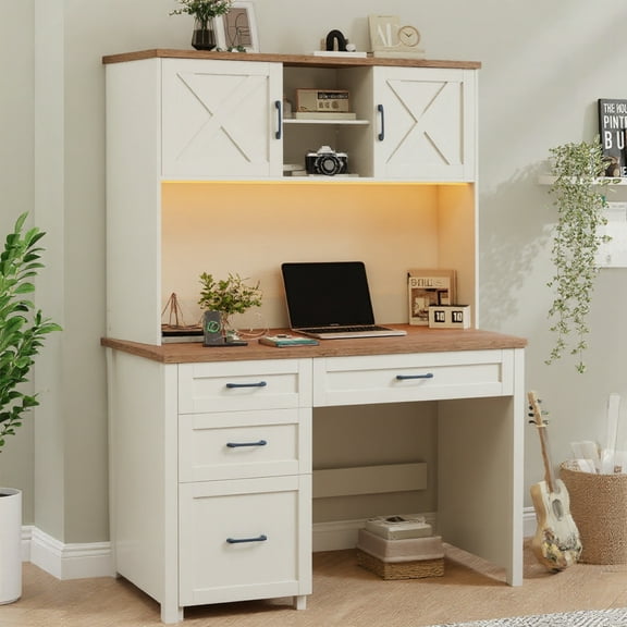 Vabches Executive Desk with Hutch & Charging Station & LED Lights, Farmhouse Office Computer Desk with Adjustable Shelves and File Drawers