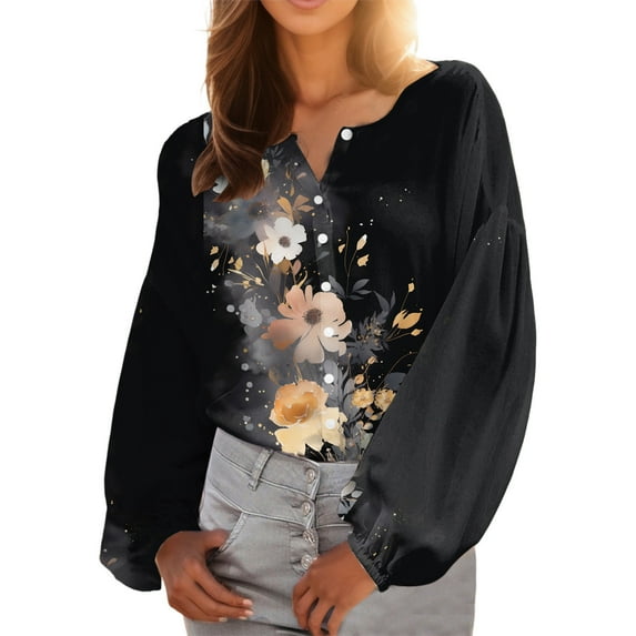 Eashery Button Down Shirts for Women Tops Button Down Shirts Print Long Sleeve Blouses for Women Casual Blouses Long Sleeve Linen Collared T Shirts White Tops for Women (Black,Small)