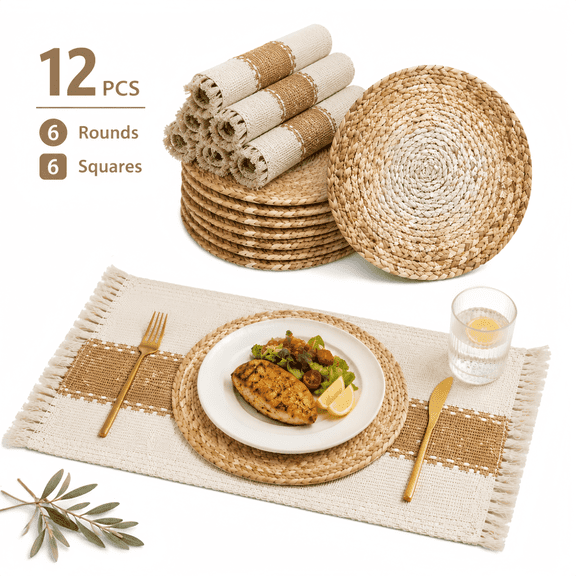 Kabuer Boho Woven Placemats Set of 12 - Handmade Cotton Burlap and Water Straw Woven Combination Table Mats for Weddings Dining Table Decor