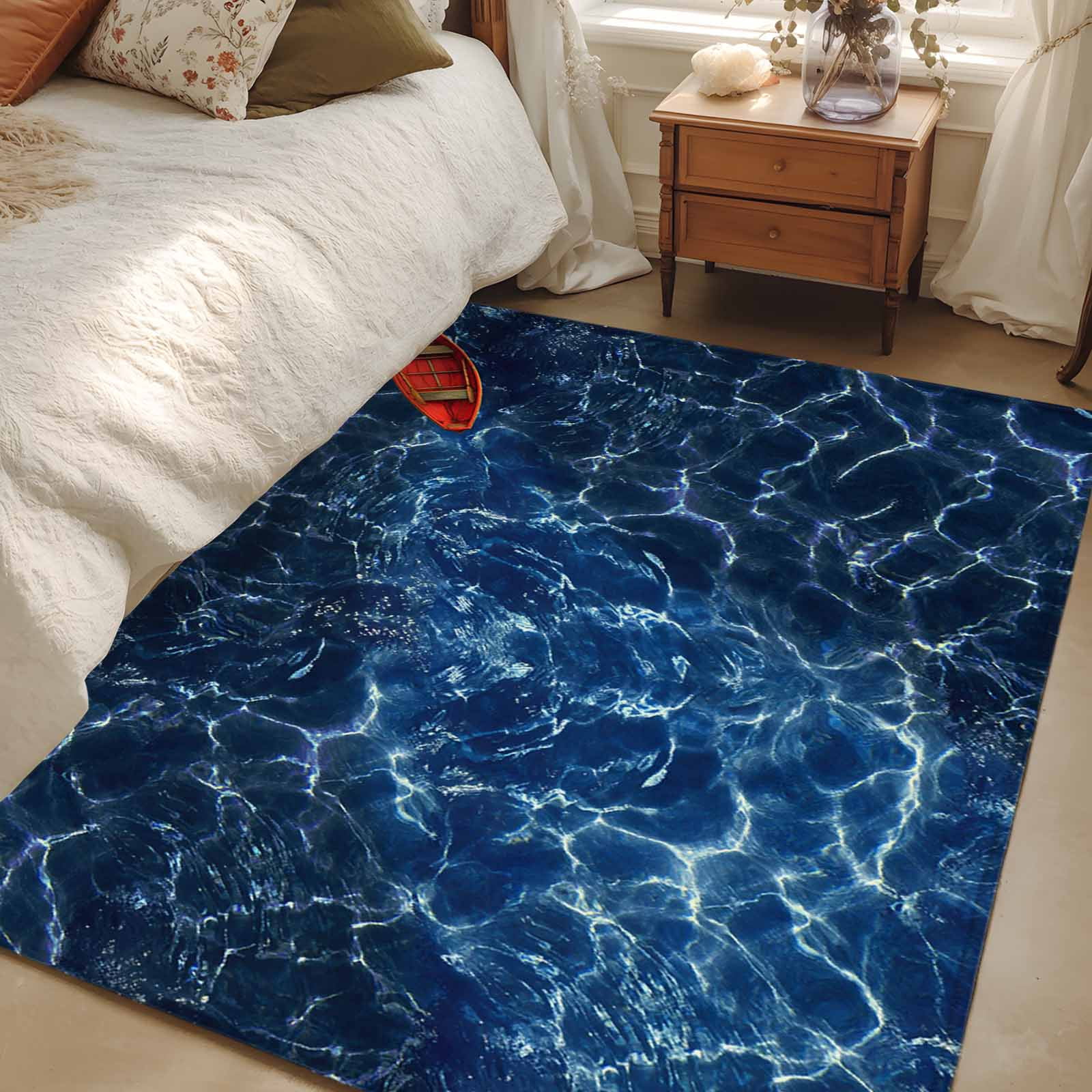 Navy Blue Ocean Waves Area Rugs 2.7'x5', Washable Small Throw Rugs for Kitchen Bedroom, Red Boat Coastal Indoor Outdoor Rug Non-Slip Low Pile Carpet Runner Reversible Floor Mats