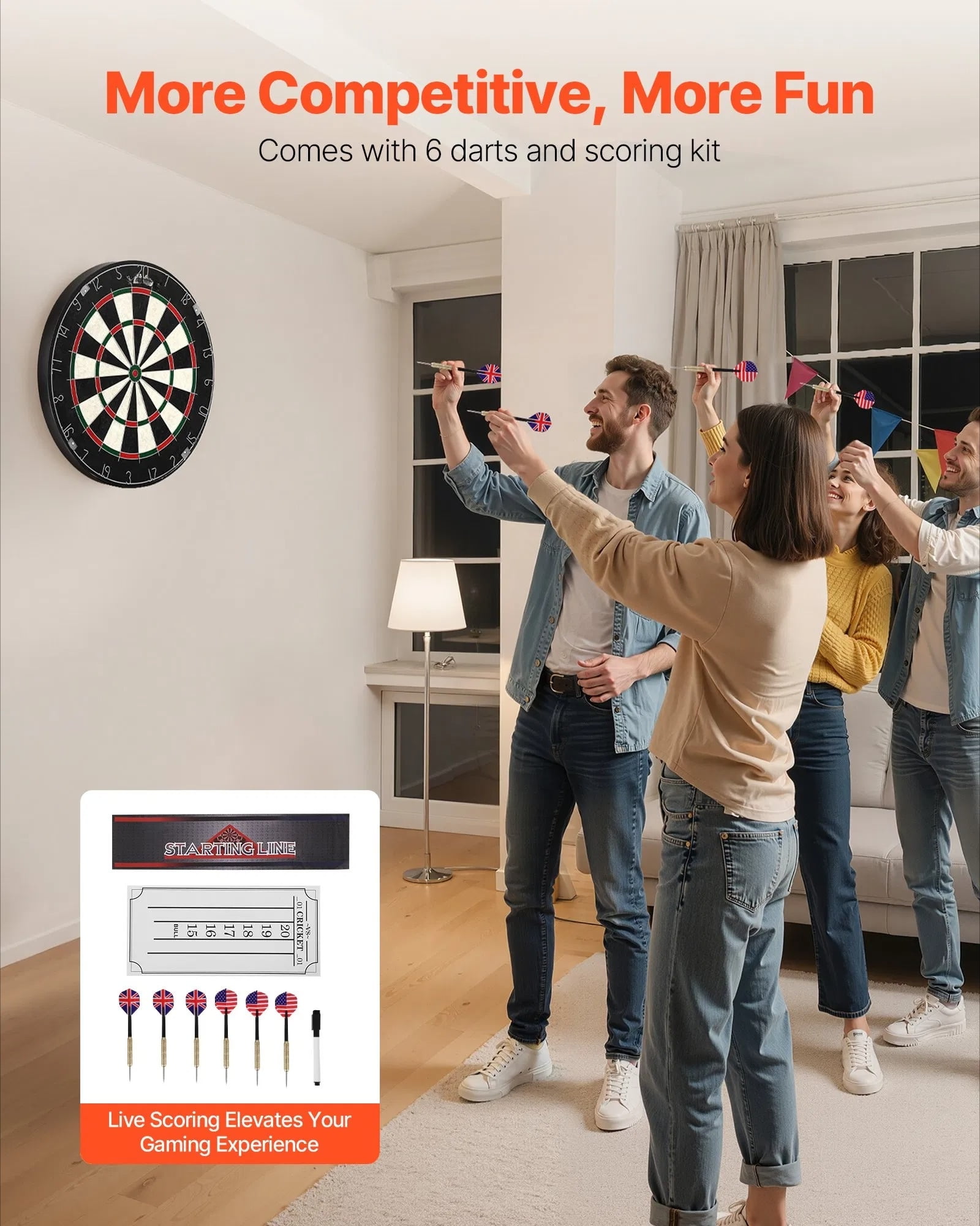 Dart set, self-repairing dartboard, containing 6 darts and scoring kit, with nail-free center and adjustable rotating digital ring, easy to install, suitable for family gatherings, game rooms, clubs