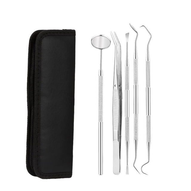 Kit de raspado dental de 5 piezas, kit de limpieza dental de acero inoxidable, calculadora de placa, escáner de higiene, gancho, herramienta de selección con espejo dental y luz.