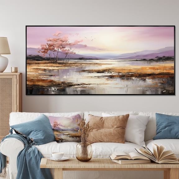 Designart "Golden Lakeside Majesty Purple and Gold Scenery I" Extra Large Cottage Framed Wall Art - Country Purple Lake Entryway Framed Wall Art