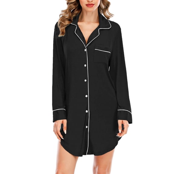 SWSMCLT Women's Button Down Nightgown Baggy Above Knee Nightshirt Night Gown Long Sleeve Lounge Dress Loose Black Small
