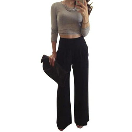 Women Wide Leg High Waist Solid Palazzo Trousers Flare Loose Casual Long