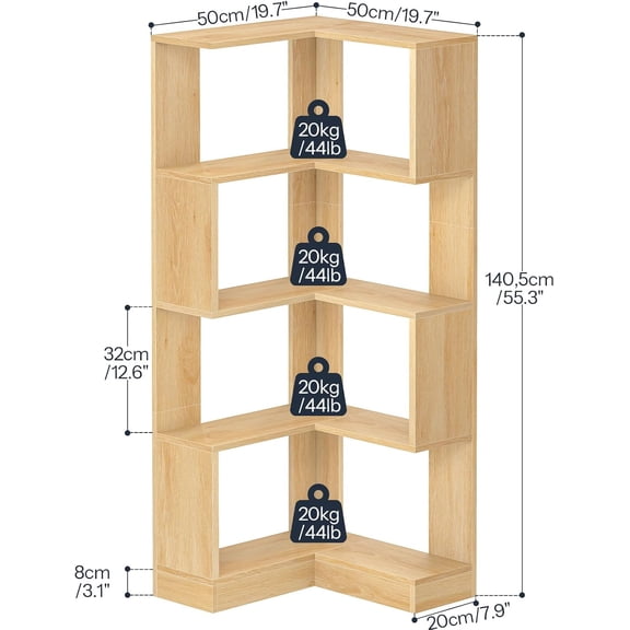5-Tier Corner Bookshelf L-Shaped Wooden Storage Rack with Baffle for Living Room Home Office Natural NL50SJ01