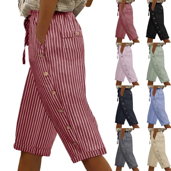 Striped Capri Pants for Women Elastic Waist Straight Wide Leg Cropped Pant Summer Casual Drawstring Side Button Capri Trouser with Pockets