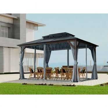 10' x 13' Hardtop Wood Gazebo for Patios, Outdoor  Framed Gazebo with Polycarbonate Double Roof Canopy, Solid Wooden Framed Gazebo with Privacy Curtains and Mosquito Nettings for Garden, Backyard