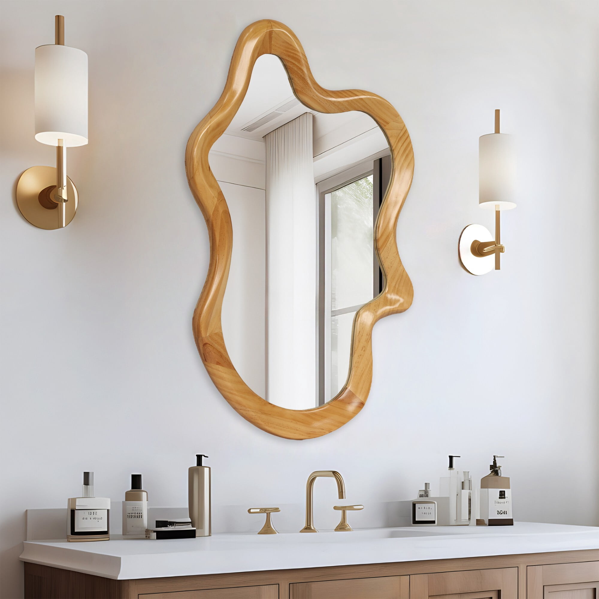 AENKYO Irregular Wall Mirror, Asymmetrical Wavy Wood Frame Decorative Mirror for Bedroom and Bathroom, Natural