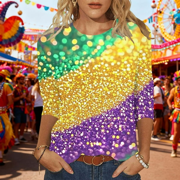 Xuyuer 2025 Womens 3/4 Sleeve Tops Mardi Gras and Christmas Costumes Fashion Round Neck Blouse