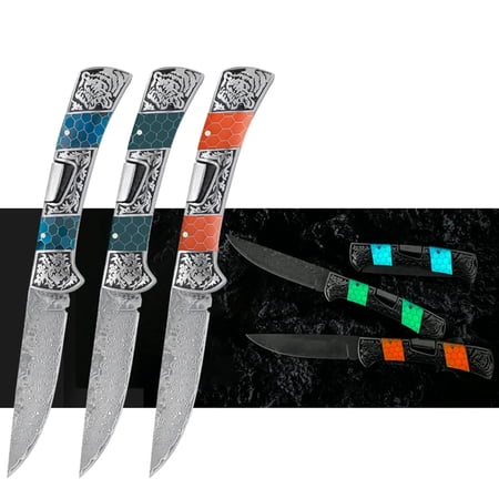 Grow In The Dark Luminous Damascus Pocket Folding Knife Resin Handle With Aluminum Mesh Honeycomb Pattern Handmade Men Gifts 1pcs