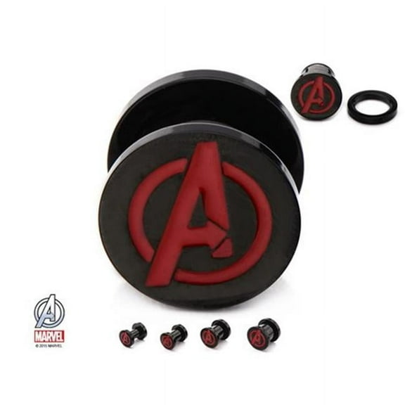 Marvel AVGRPS07R-4PR Screw Fit PVD Plated Stainless Steel Plugs with Enamel Avengers Logo, Black & Red - 4g