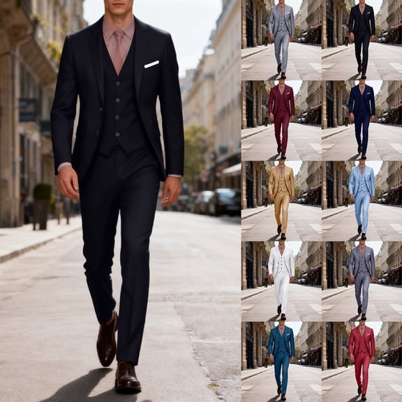 yuCgh Men's Slim Fit One-Button Three-Piece Suit Set, Formal Business Blazer, Vest, and Trousers for Wedding, Party, and Office Occasions,Black L