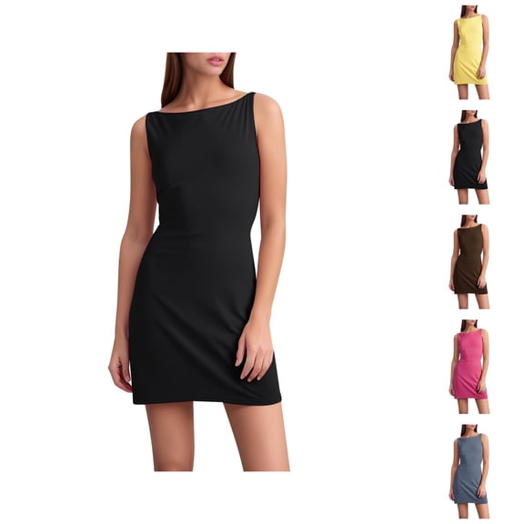 Bodycon Mini Dress for Women Summer Sleeveless Boat Neck Party Club Dress Casual Office Dresses