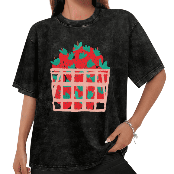 Women Casual Red Green Strawberry Basket Graphic Tees Cotton Crew Neck Printed T Shirt Tops Mineral Wash Black S-2XL Plus Size