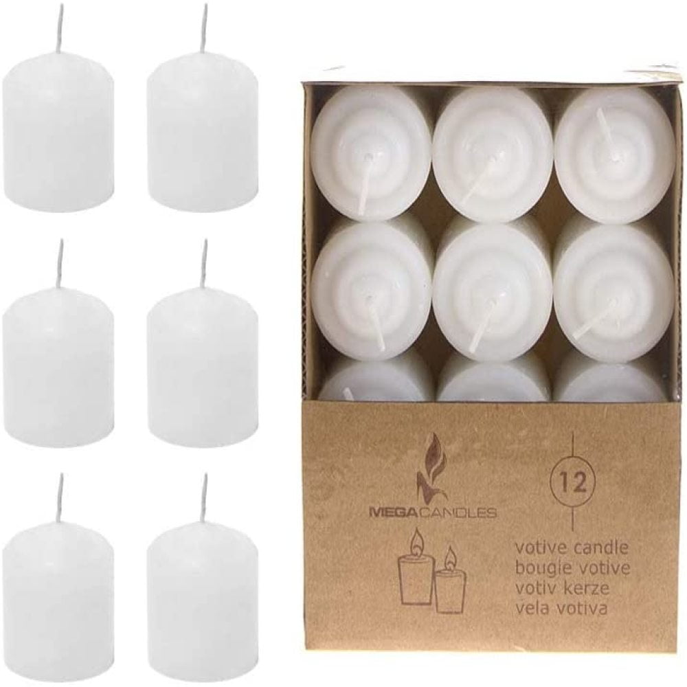 Hand Poured Wax Candles 10 Hours 1.38 x 1.5 Birthdays Baby Showers Party Favors & More Mega Candles 12 pcs Unscented White Votive Candle for Home Décor Celebrations Wedding Receptions