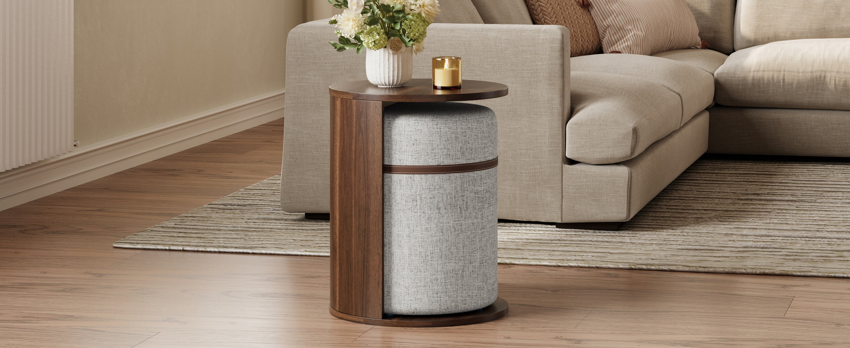 Mintazer 2‑in‑1 Round Side Table with Pull‑Out Linen Storage Stool & Open Magazine Slot, End Table for Sofa Bedroom Small Space, Walnut