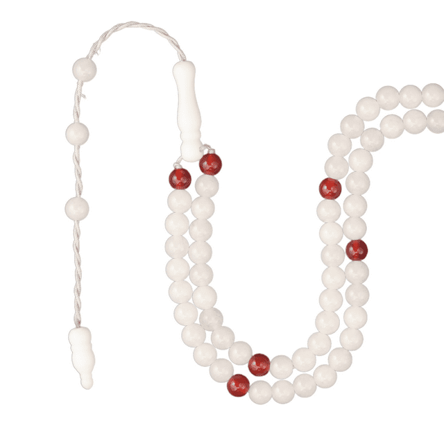 Tasbih 4mm Milky Jade, Red Agate Gemstone -99 Prayer Beads with Beautiful Tassel