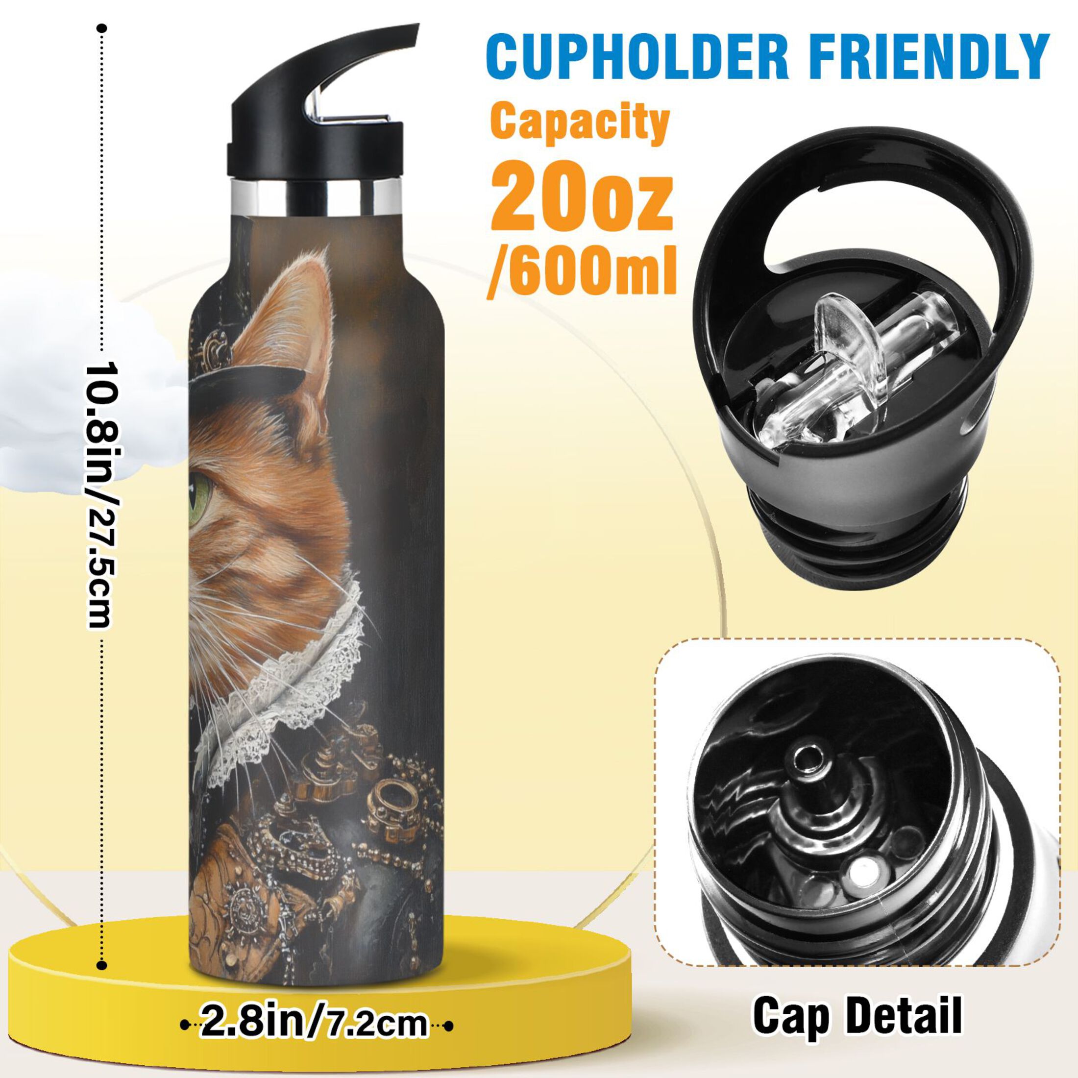 600ML Stainless Steel Insulated Cup Sports Water Bottle Portable Thermos Cup Water Glasses Insulated Tumblers Convenient and Durable Gentleman Cat