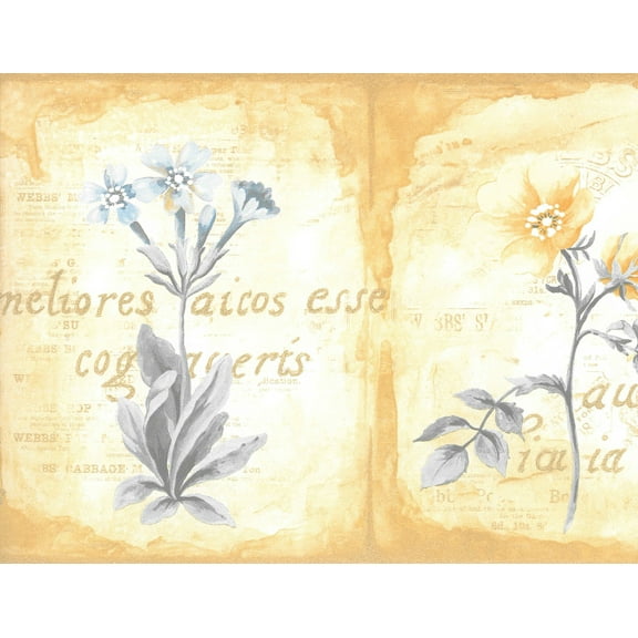 Dundee Deco Prepasted Wallpaper Border - Vintage Gold, Yellow, Blue, Green Flowers, 15 ft x 7 in