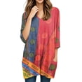 thumbnail image 5 of WTOBBY Women's Fashion Casual Retro Geometric Print V-Neck Mid-Length Tunic Tops with Pockets, 3/4 Sleeve Blouses, Comfortable Shirt for Daily Style,Red M, 5 of 5