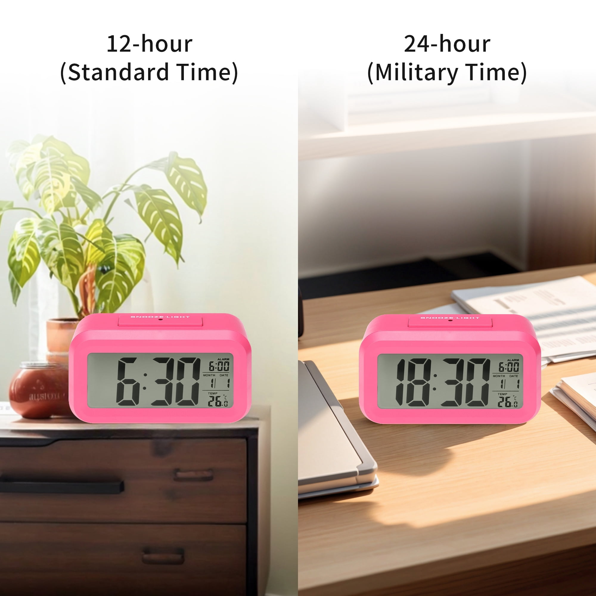 Unique Bargains 2 Pcs Small Digital Alarm Clock 5.5 x 2.8 x 1.8 in Pink/Blue