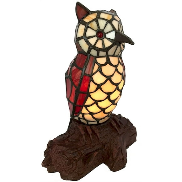Red/Green With Brown Base Tiffany Style Owl Glass Table Lamp