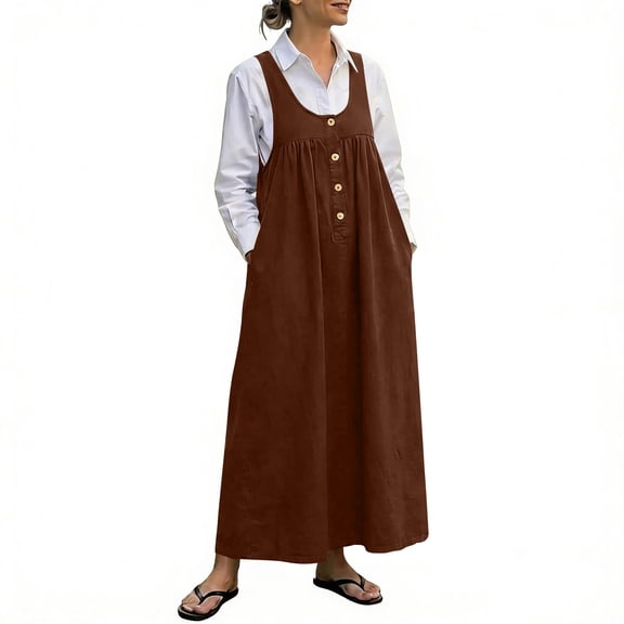 Qiopertar Women's Casual Solid Color Sleeveless Strap Dress Round Neck Jumper Dress Spring Summer Beach Vacation Comfy Relaxed Fashion, Brown L