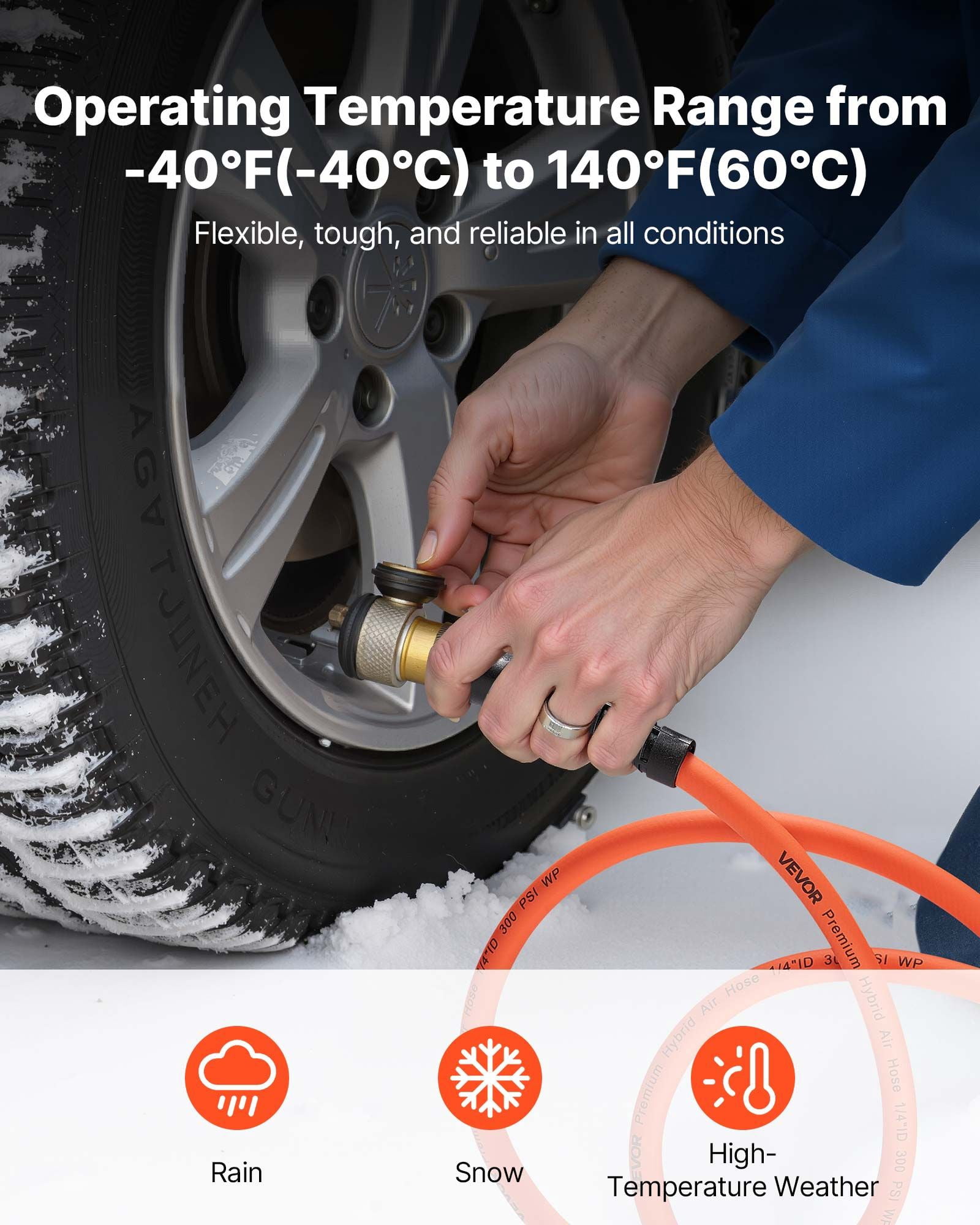 Air Hose, 3/8'' x 25ft Hybrid Air Hose, Lightweight, Kink Resistant, Pneumatic Hoses with 1/4 inch Solid Brass Male Fitting, Three-Layer Hybrid Material, 300 PSI, All-Weather Flexibility, Orange