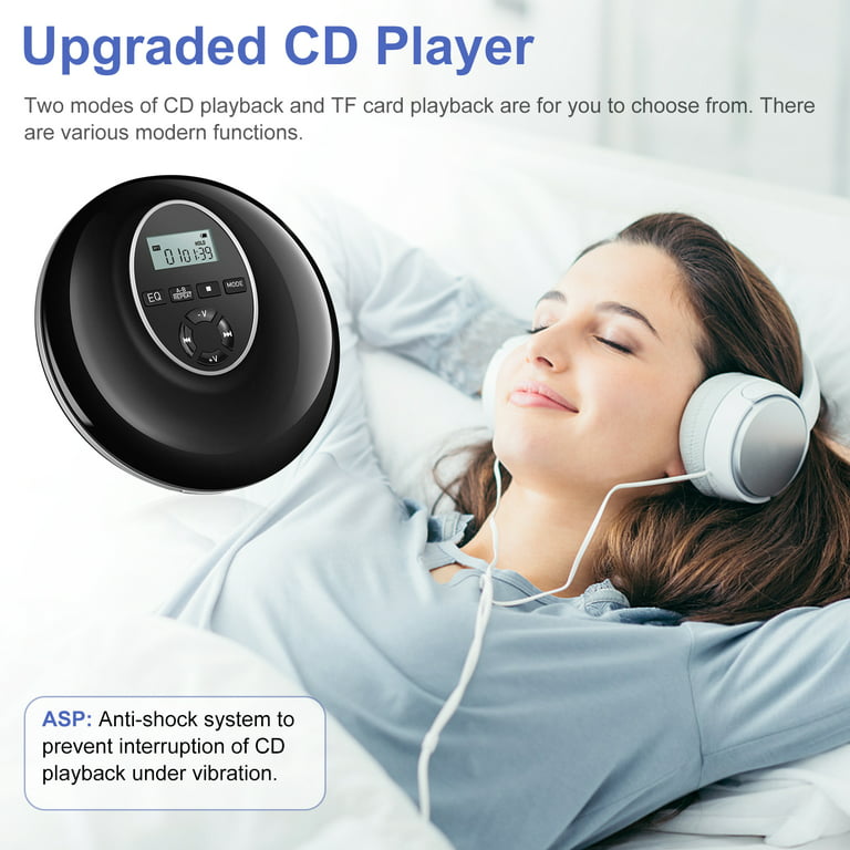 Portable CD Player, EEEkit Personal Anti-Skip CD Walkman with LCD Display,  TF Card Playback, Rechargeable MP3 Players with AUX Output for Home Travel  Car Teens Music Lover - Black 