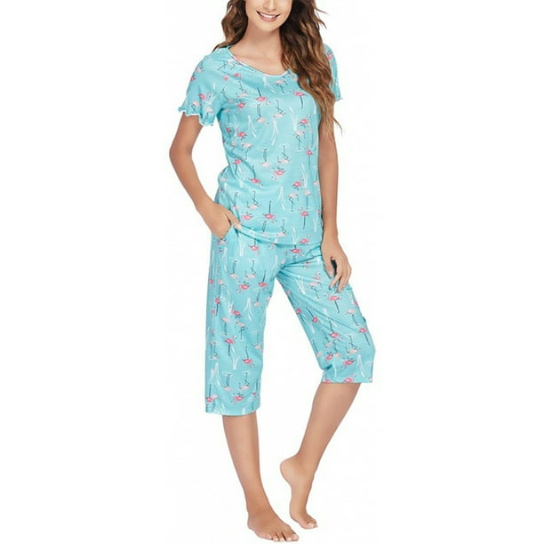 Sexy Dance Women Sleepwear Tops And Capri Pant Pajama Set 2 Piece